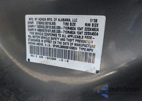 2008 Honda Odyssey Touring from USA, damaged, VIN 5FNRL38868B109604